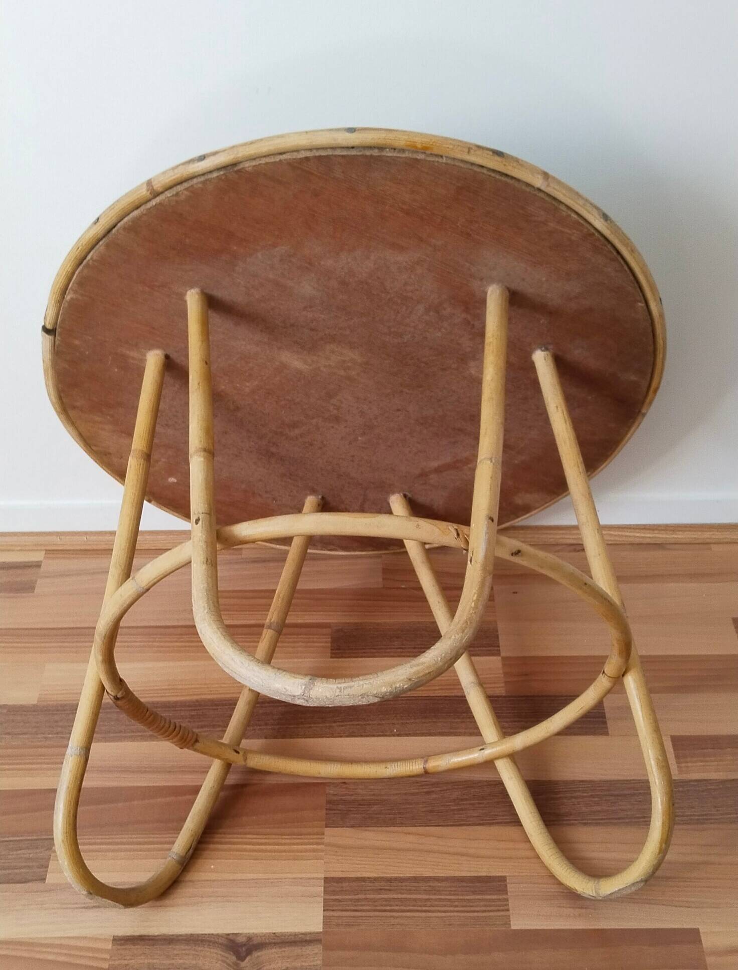 Vintage round rattan table, desk, tripod legs