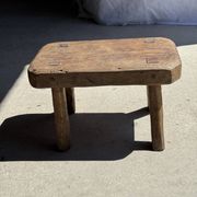Small stool, rectangular rounded solid teak side table.