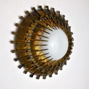 Midcentury brutalist sun wall lamp, metal and gold leaf, Italy
