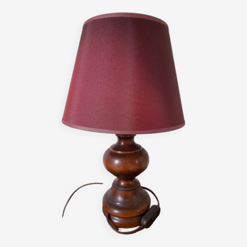 Turned solid wood table lamp, burgundy lampshade, rustic chic