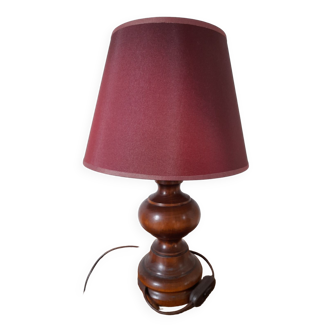 Turned solid wood table lamp, burgundy lampshade, rustic chic