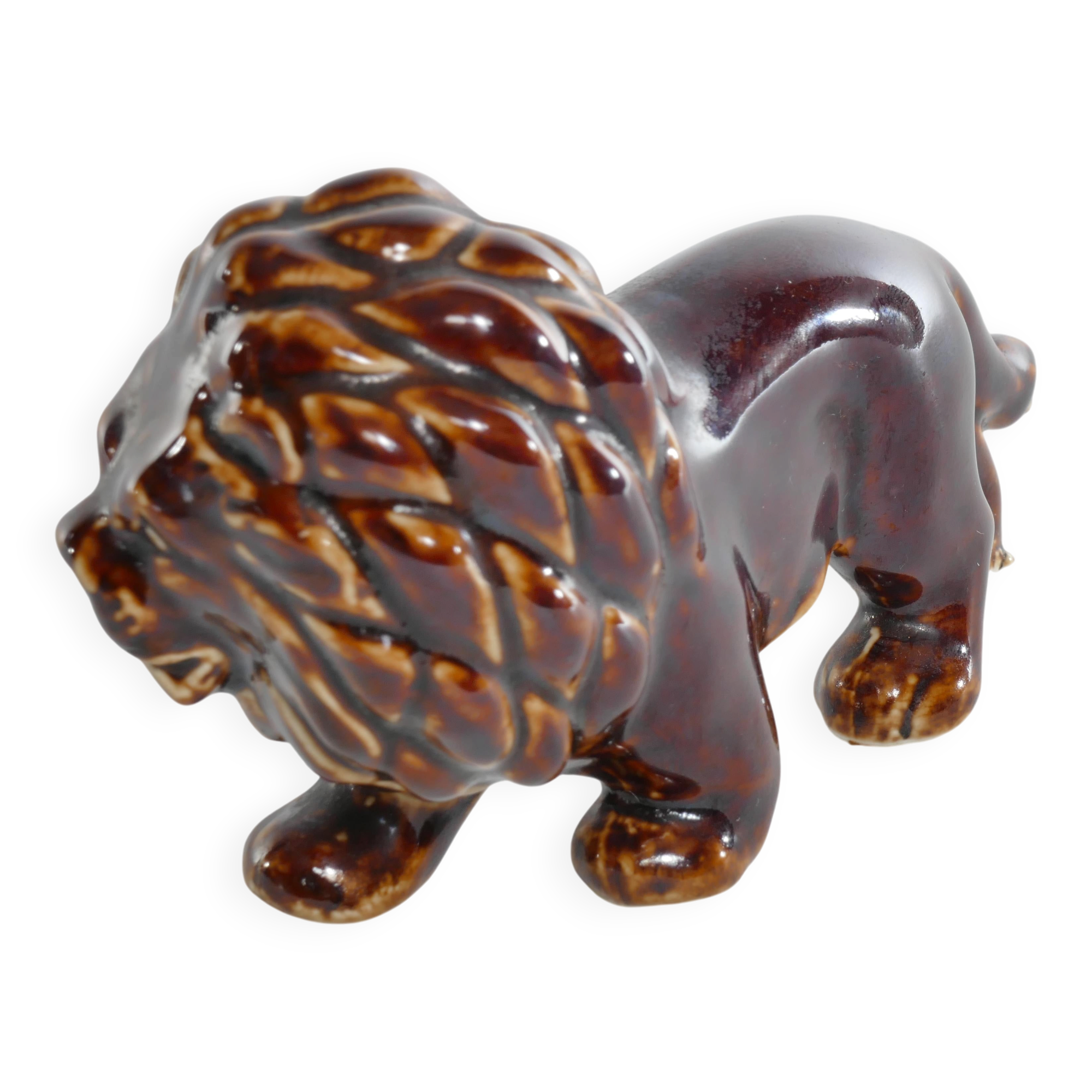 Mid-Century Modern Chinese Brown Glazed Lion Figurine
