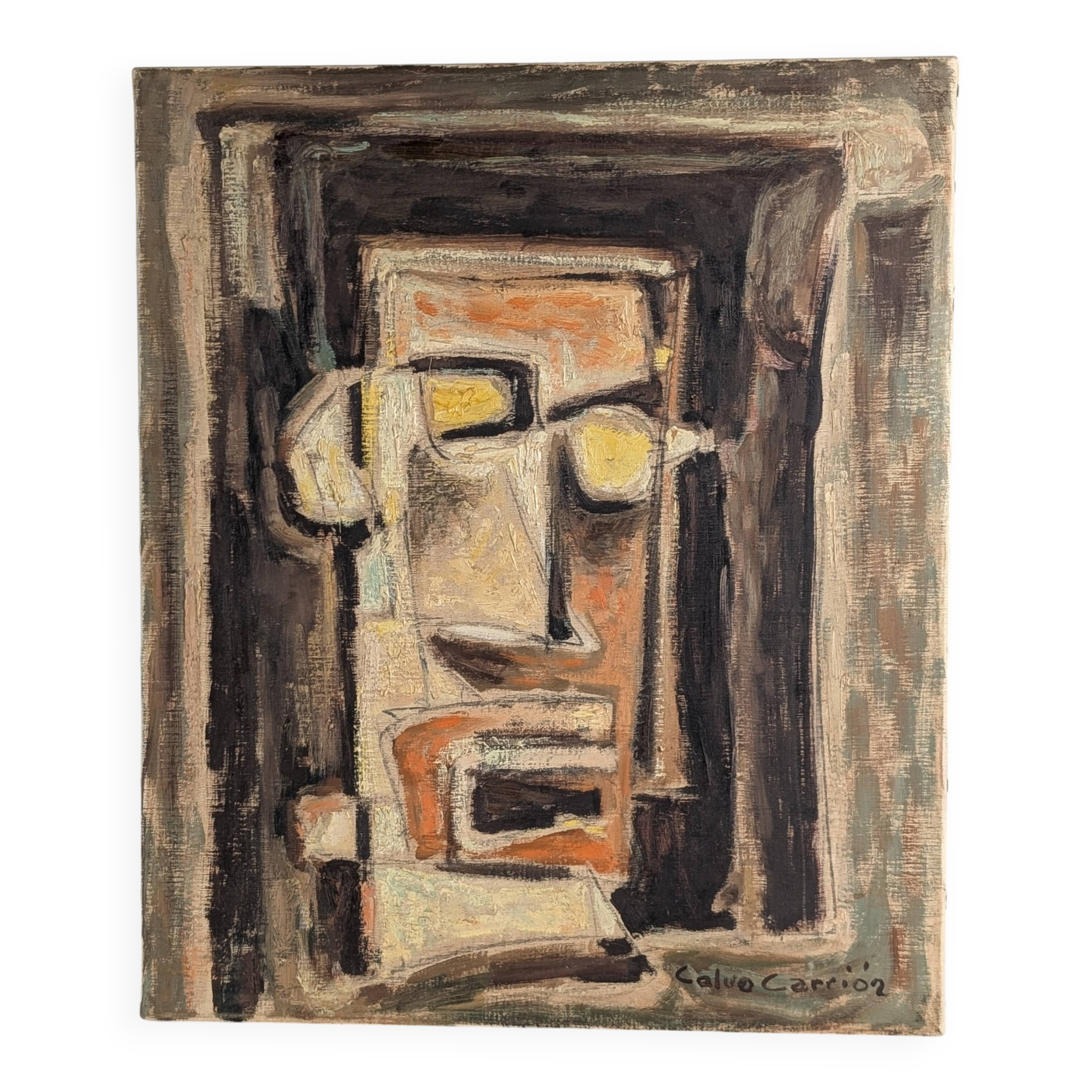 Cubist expressionist portrait in oil by Calvo Carrión 1970s