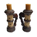 Duo of Wooden Candle Holders with Brutalist-Style Rope Decor