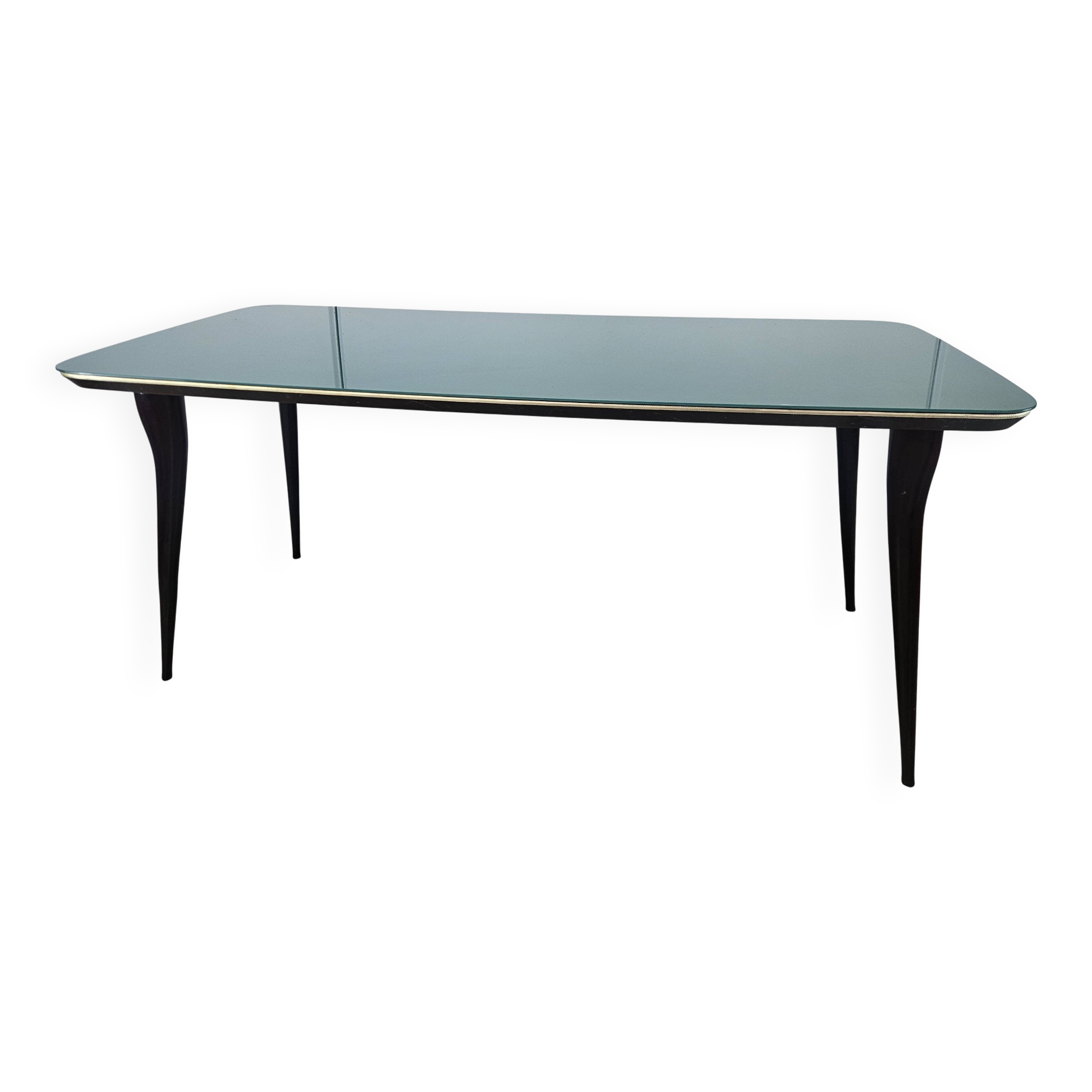 Mid-century mahogany dining table with aquamarine glass top