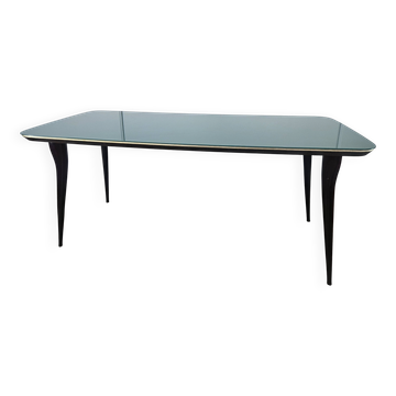 Table à manger en acajou du milieu du siècle avec un plateau en verre aquamarine.