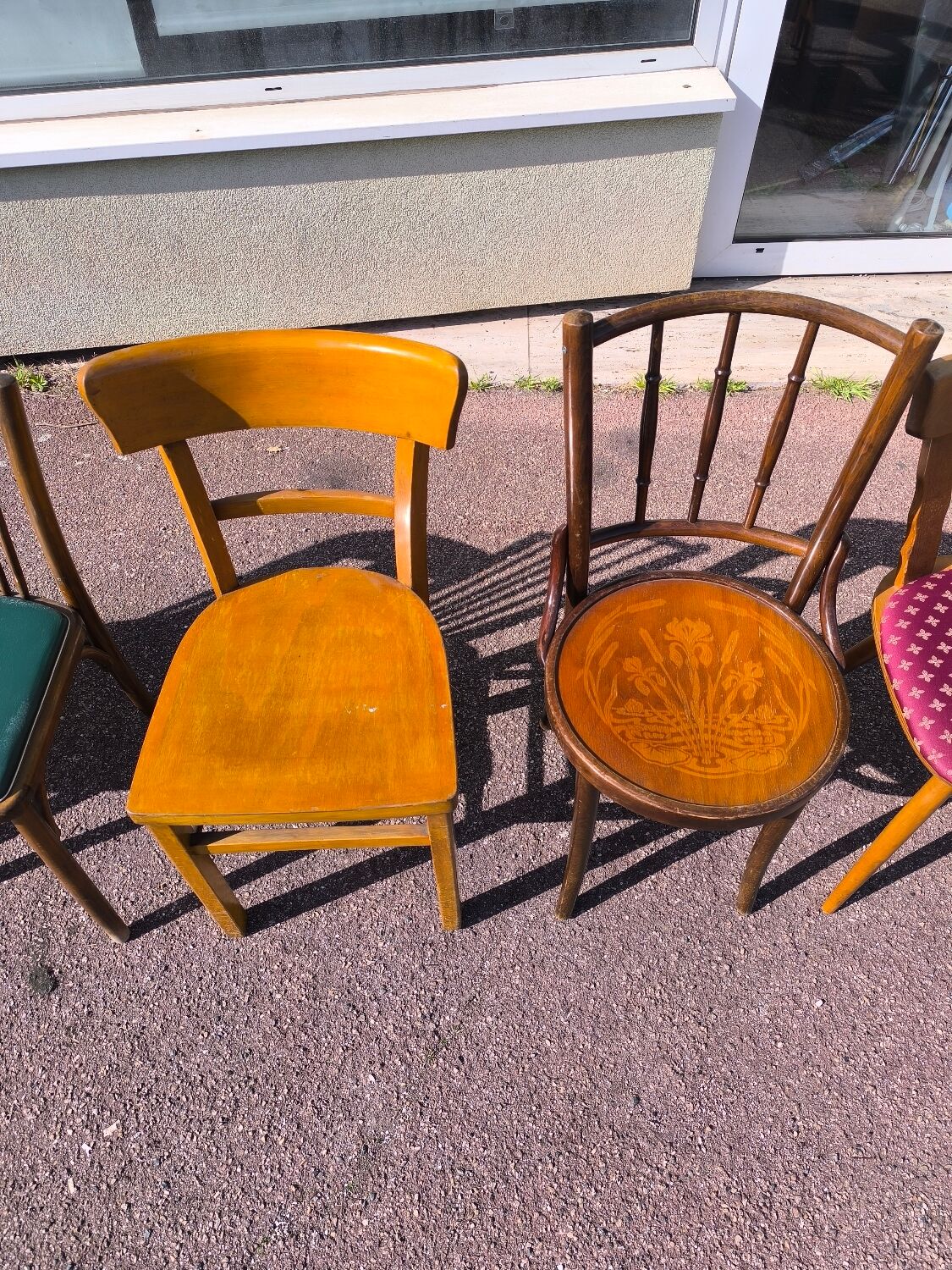 Set of 6 mismatched vintage wooden bistro chairs