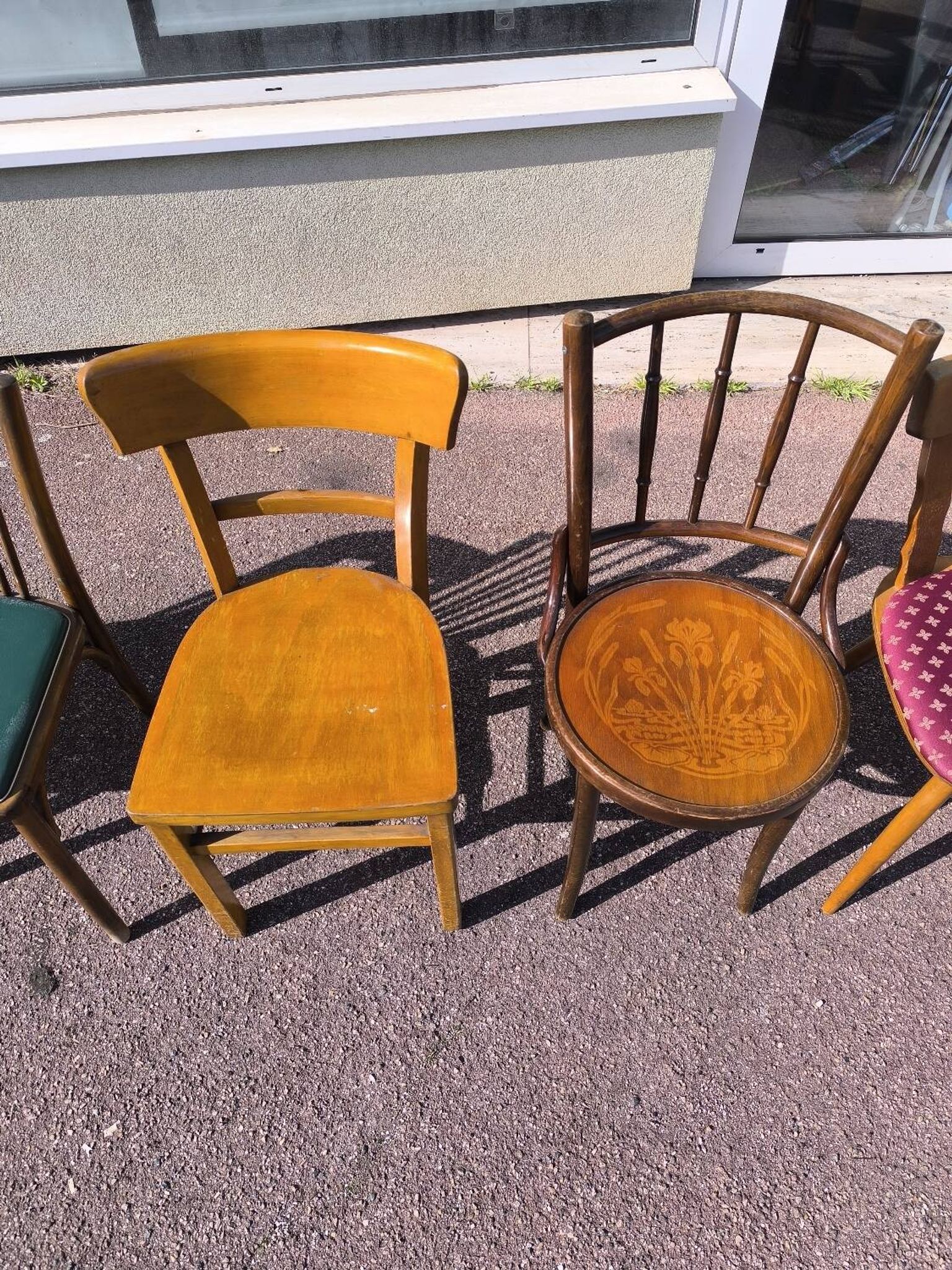 Set of 6 mismatched vintage wooden bistro chairs