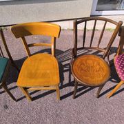 Set of 6 mismatched vintage wooden bistro chairs