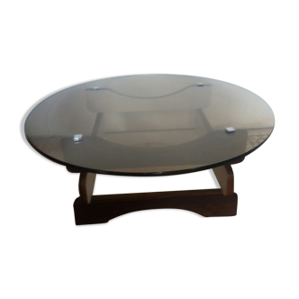 Coffee table of smoked glass and wood of the 1970s