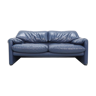 Indigo blue leather Maralunga sofa By Vico Magistretti for Cassina