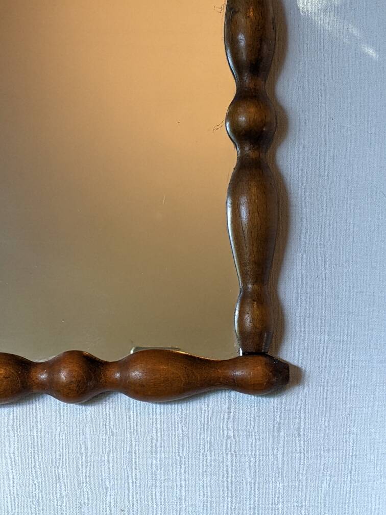 Antique turned wood mirror, handcrafted, country decor