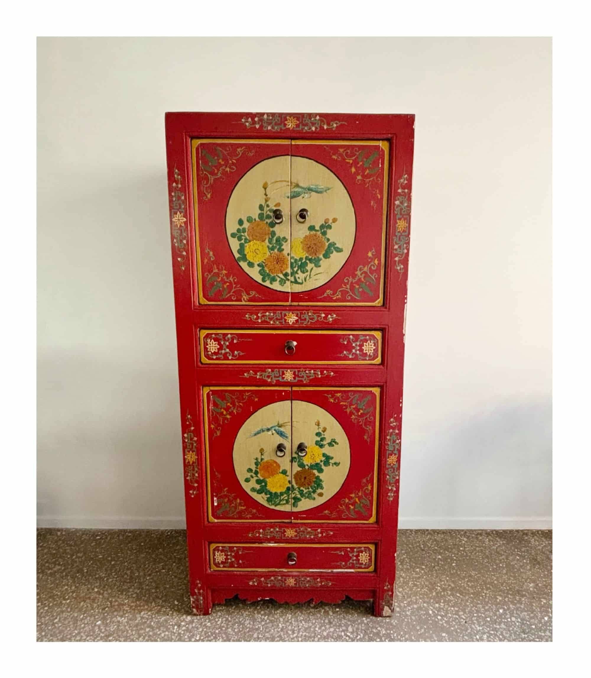 Chinoiserie, Asian wooden cabinet, painted with decor of flowers and birds