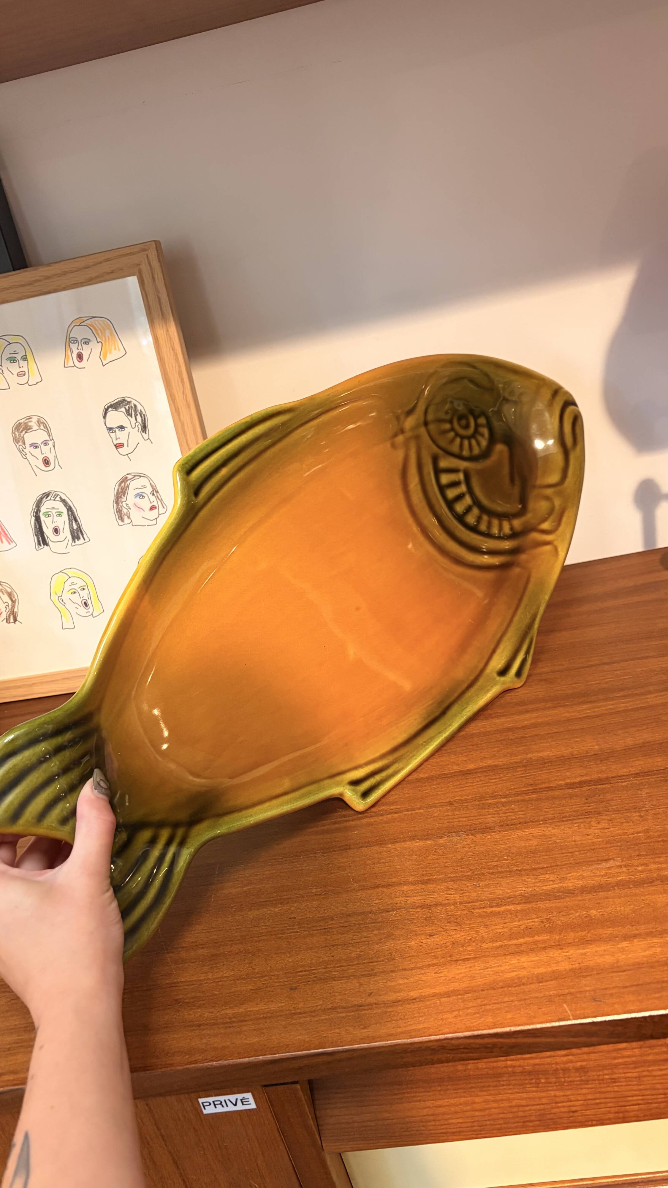 Large vintage fish platter in Vallauris earthenware, 1960s/70s, orange.