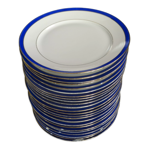 24 assiettes plates en porcelaine de Limoges, bleu de four, ø 23,3 cm