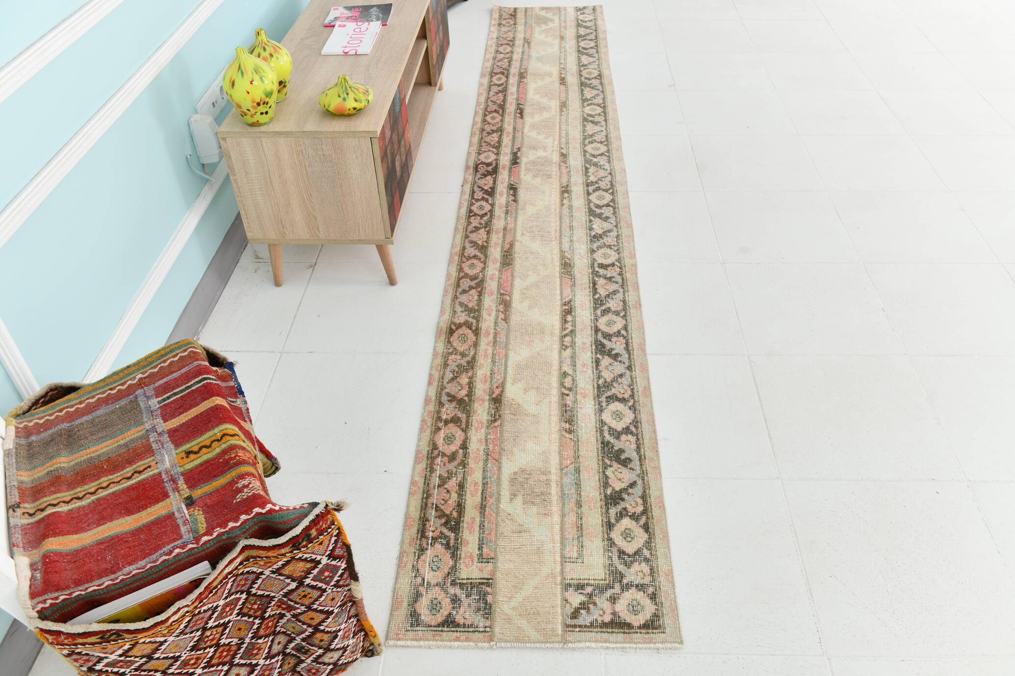 2x11 Dark Green & Beige Turkish Runner Rug, 55x338Cm