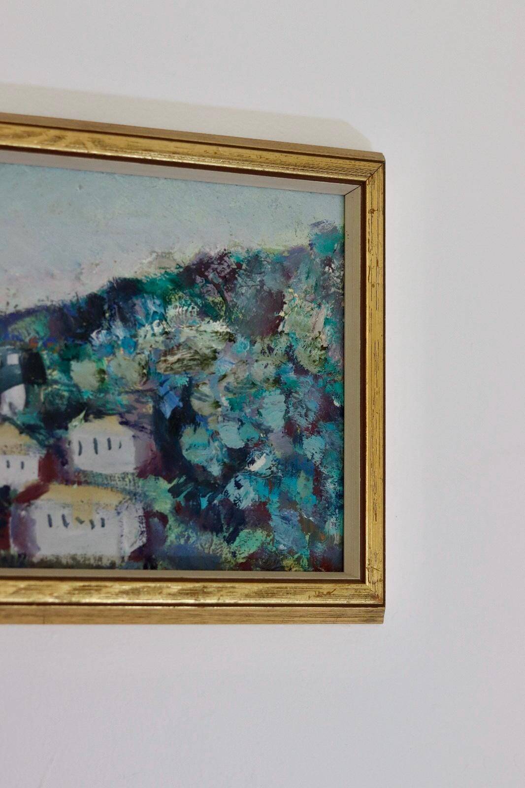 Original mid-century Swedish oil on panel "Village" by Bertil Wahlberg.