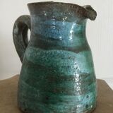 Vintage broc pitcher in enamelled sandstone with effect of blue shades, turquoise green signed