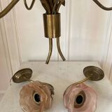 Set of chandelier and 2 wall lights in gold metal and glass roses