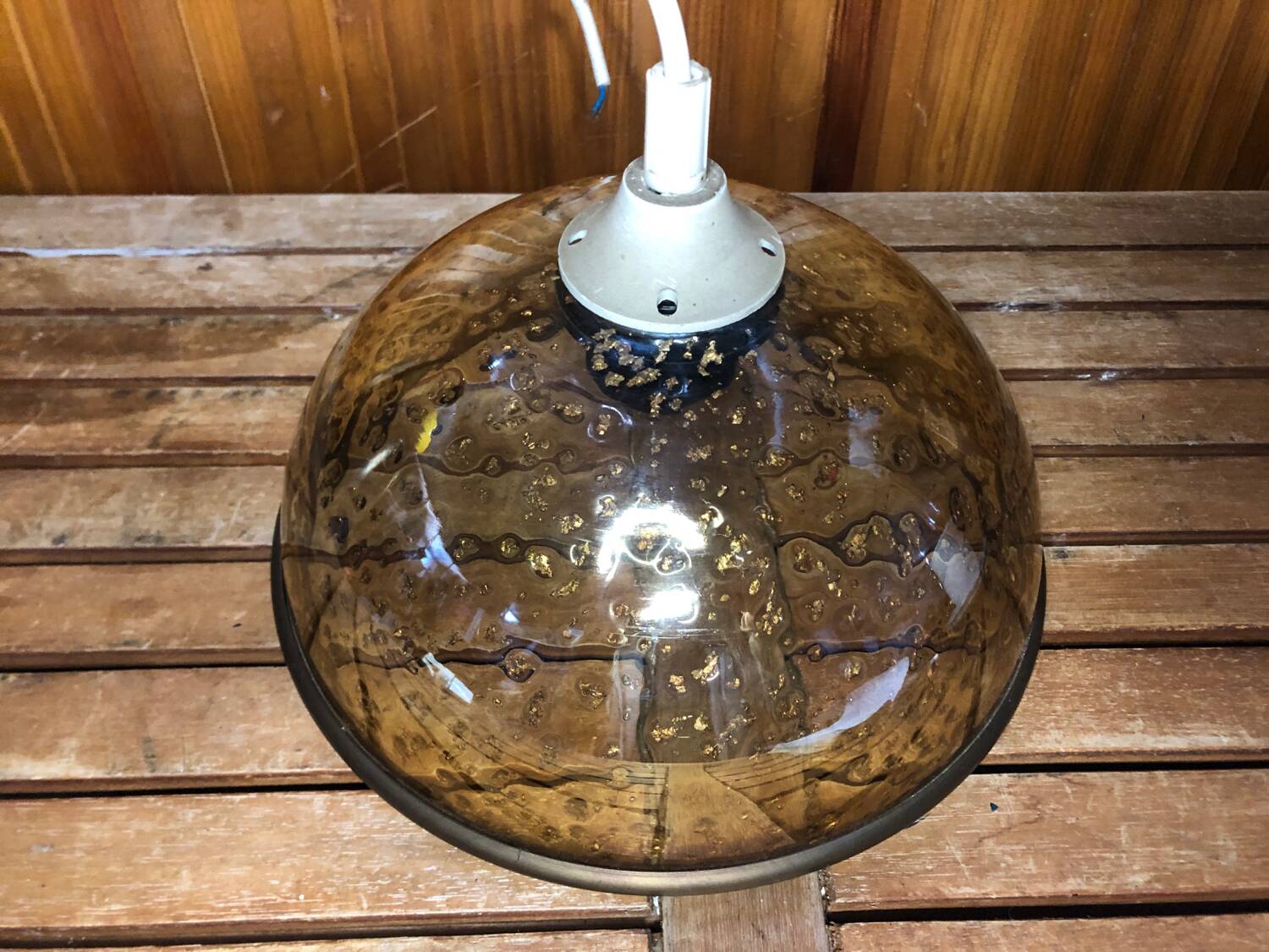 Old pendant lamp molded glass gold inlay + vintage brass contour