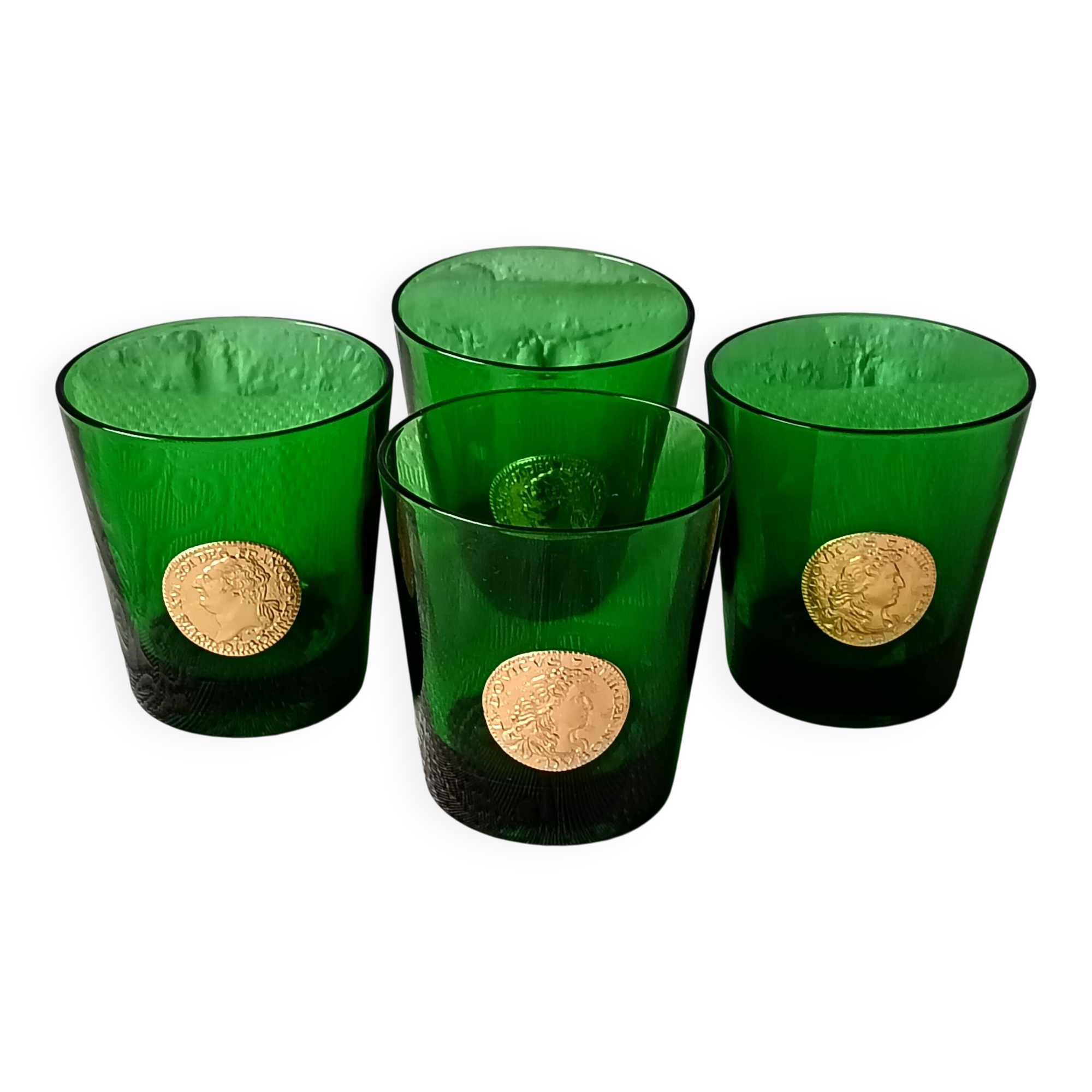 4 green dubonnet byrrh glasses with medallion of the kings of france