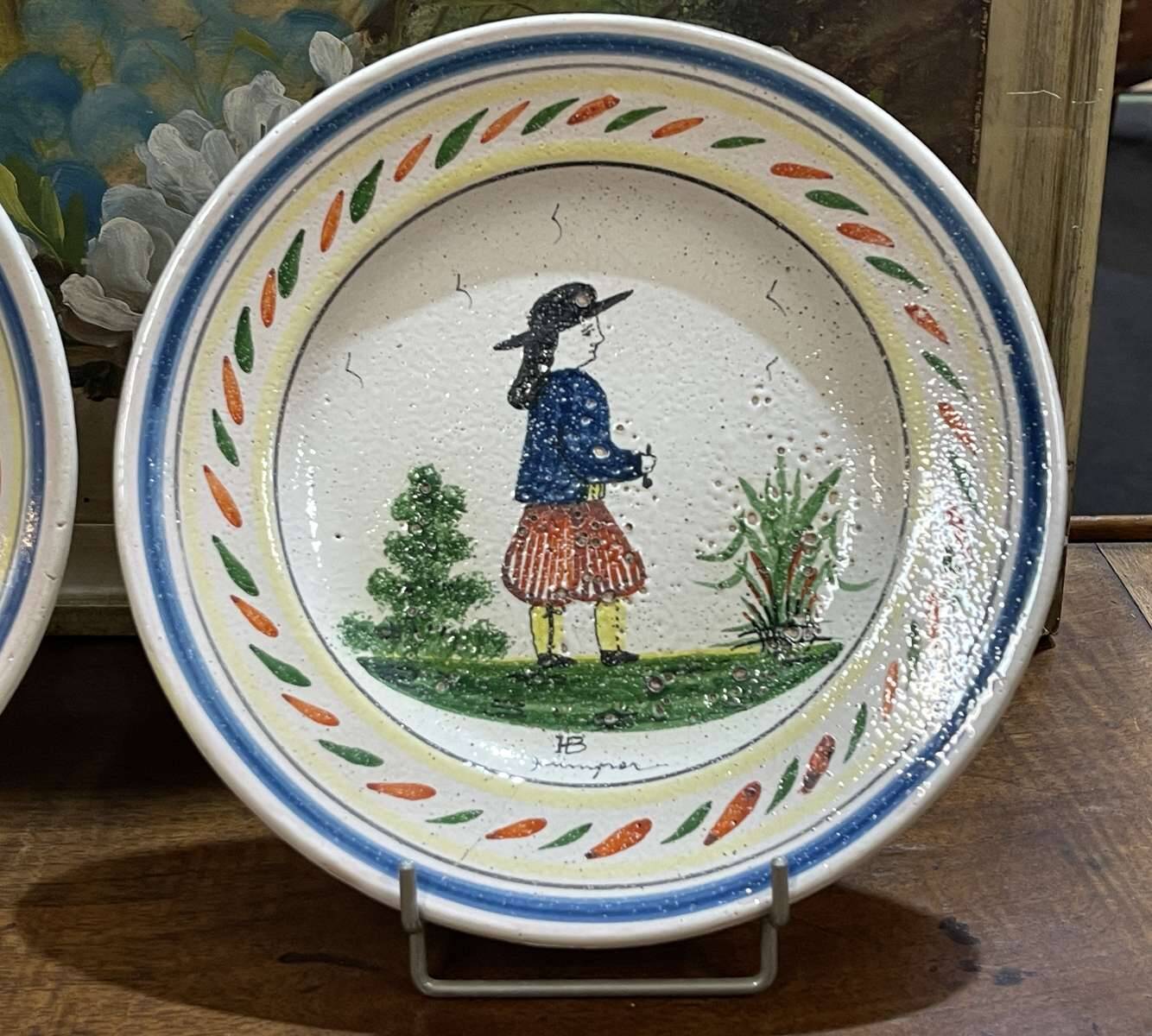 Pair of HB Quimper earthenware plates from the 1920s