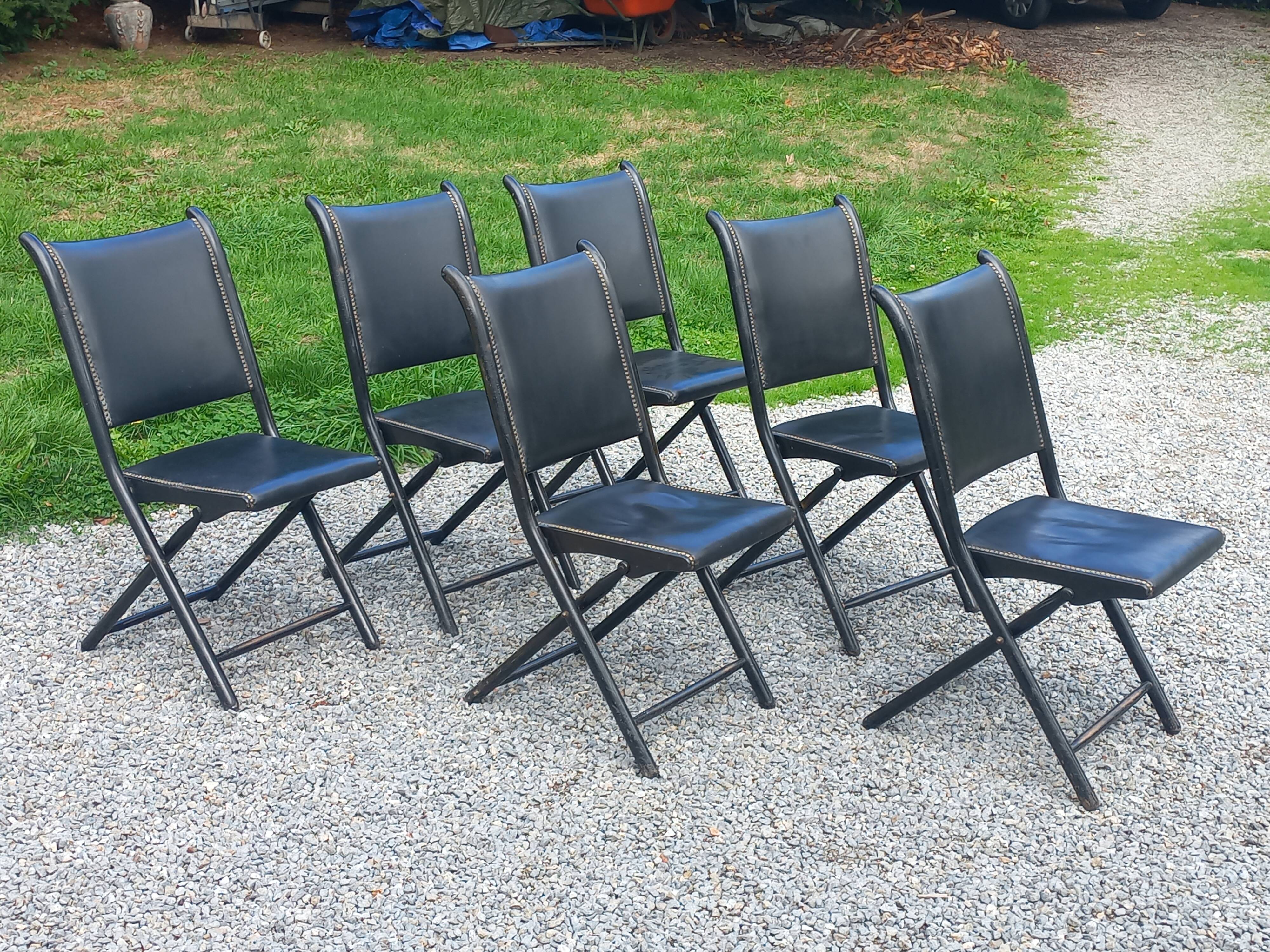 Set of 6 folding chairs, 70s design, 3 leather, 3 moleskin