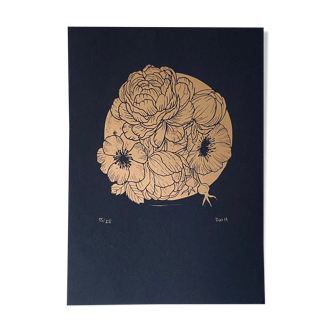 Original Lino Print "Peonies" by Iosephine Prints