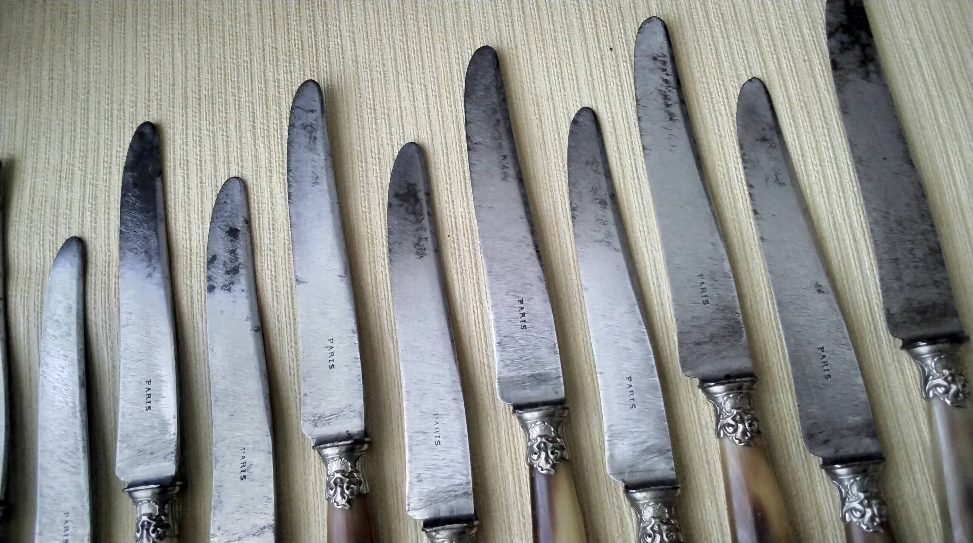 Box of 12 antique cheese or dessert knives. Steel and bovine horn.
