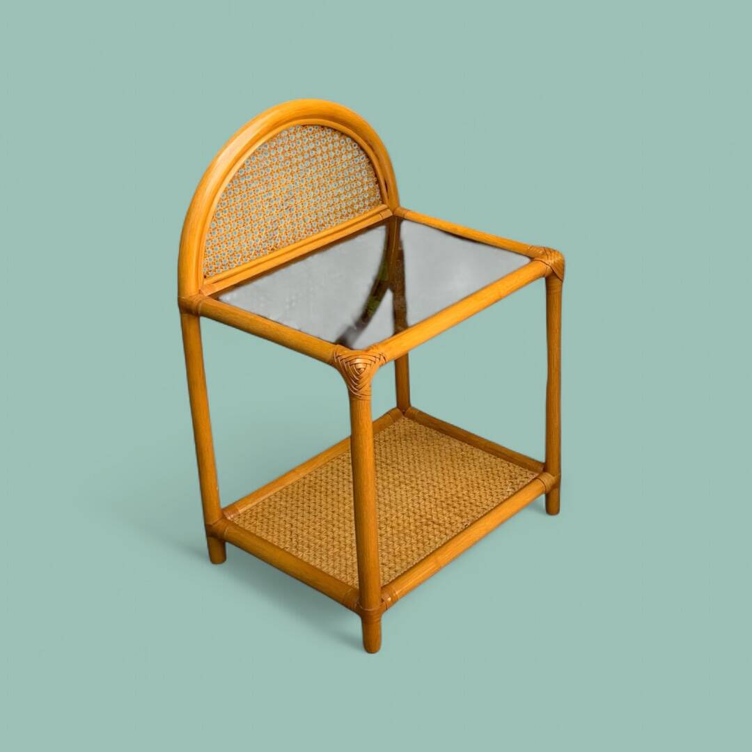 Chest of drawers and bedside table in rattan cane and oak, vintage 1970s