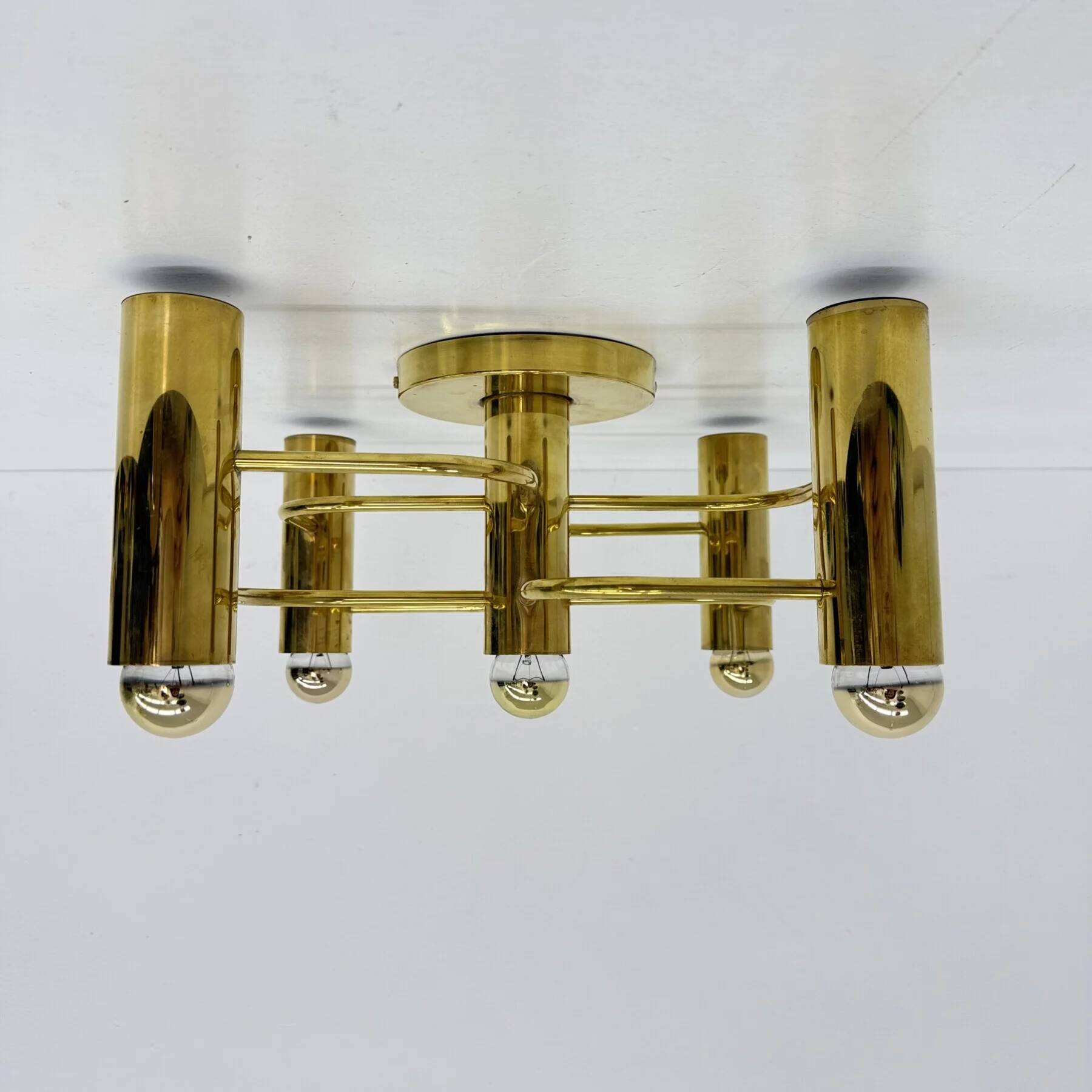 Vintage mid-century modern brass ceiling lamp Leola flushmount by Sciolari, Germany, 1970s