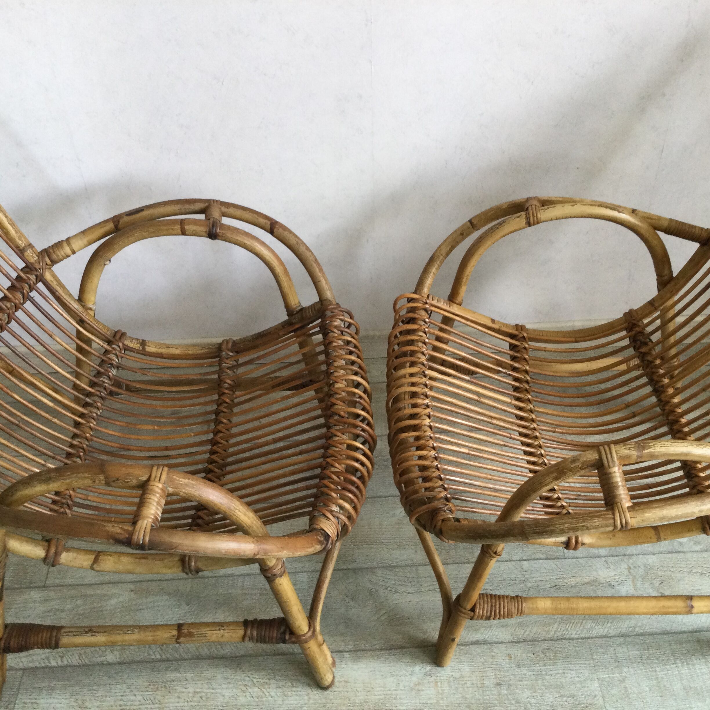 Pair of rattan and bamboo armchairs 50s/60s