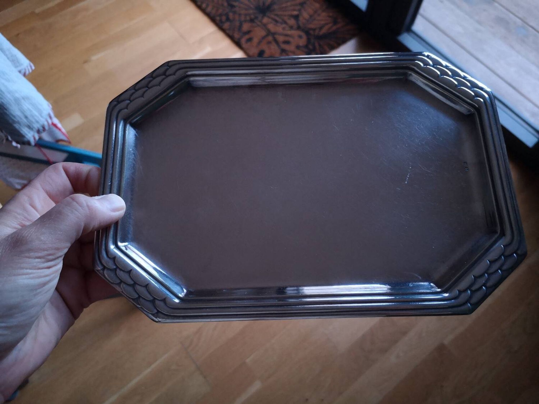 Art Deco silver metal tray with Orbrille house hallmarks