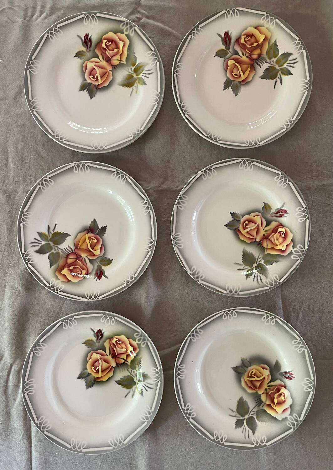 6 Digoin Sarreguemines Adele dinner plates 1940s 1950s