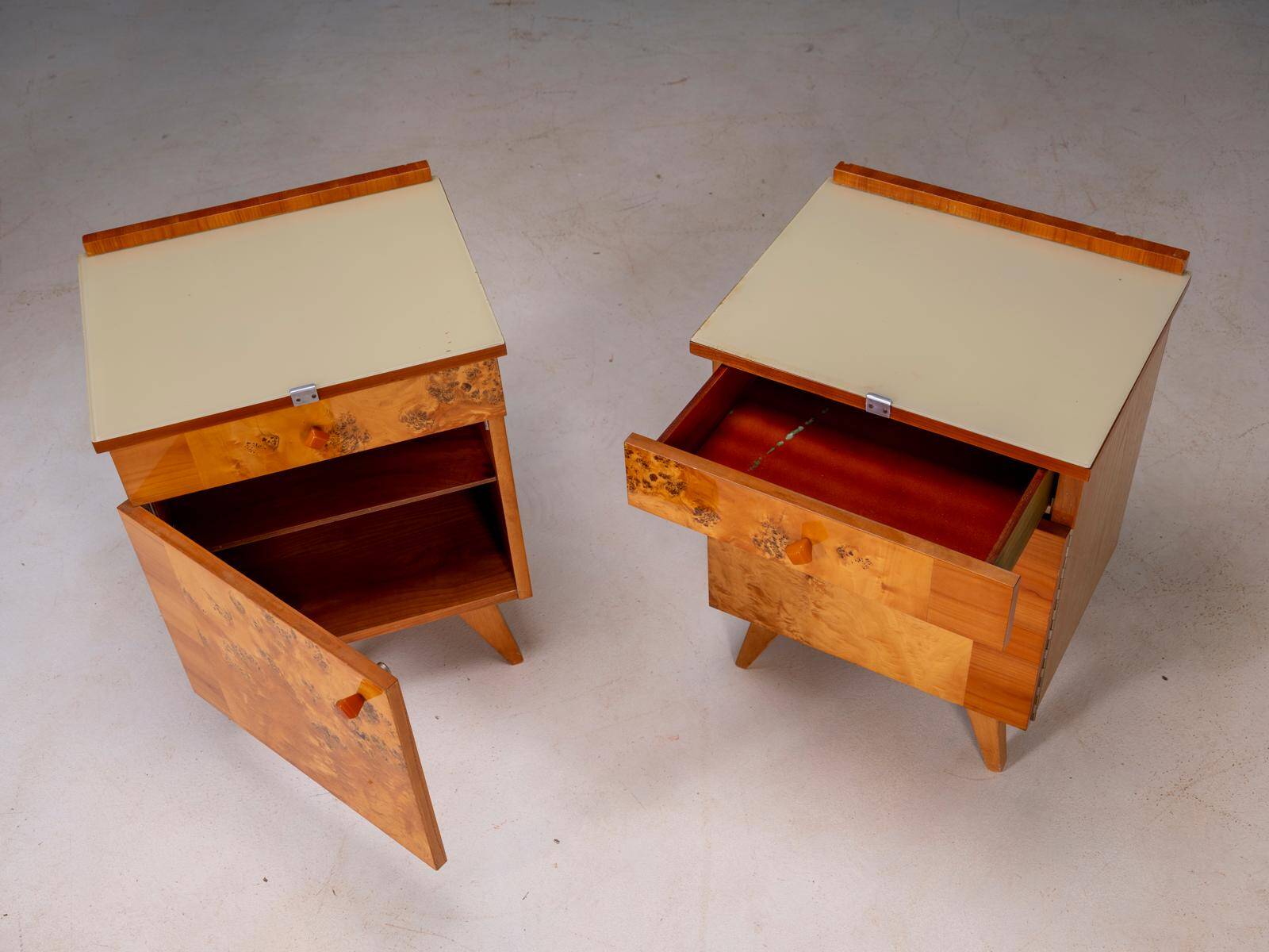 Pair of vintage Czechoslovak bedside cabinets with burl veneer, mid-century modern, 45 × 34 × 45 cm