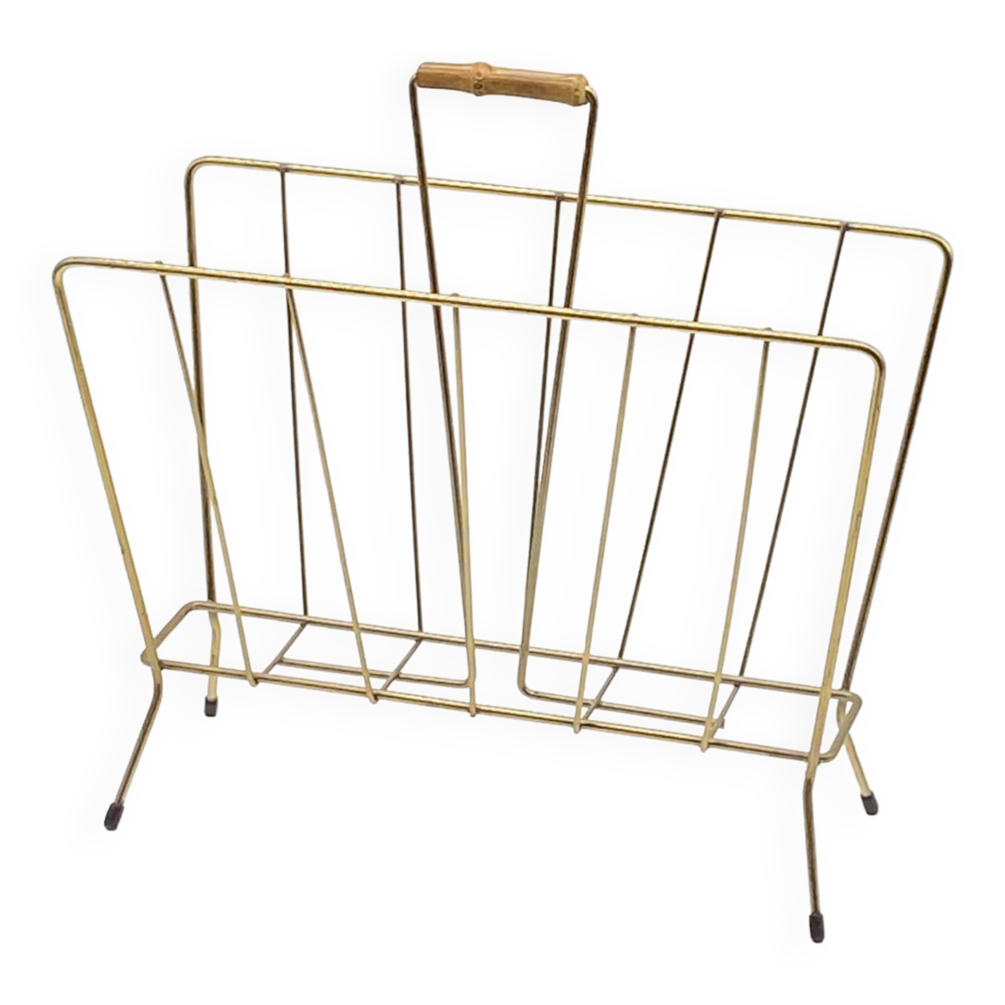 Holder magazines / magazines , vintage , gold metal , bamboo handle