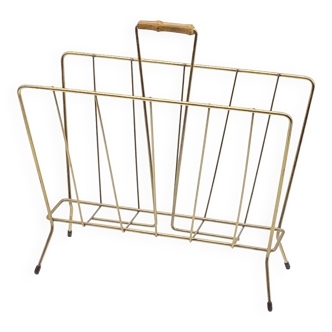 Holder magazines / magazines , vintage , gold metal , bamboo handle
