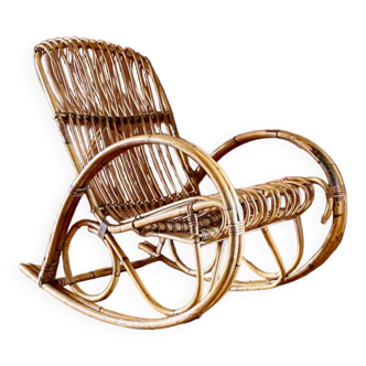 Rocking chair en rotin bambou Rohe Noordwolde, chaise à bascule vintage années 1960.