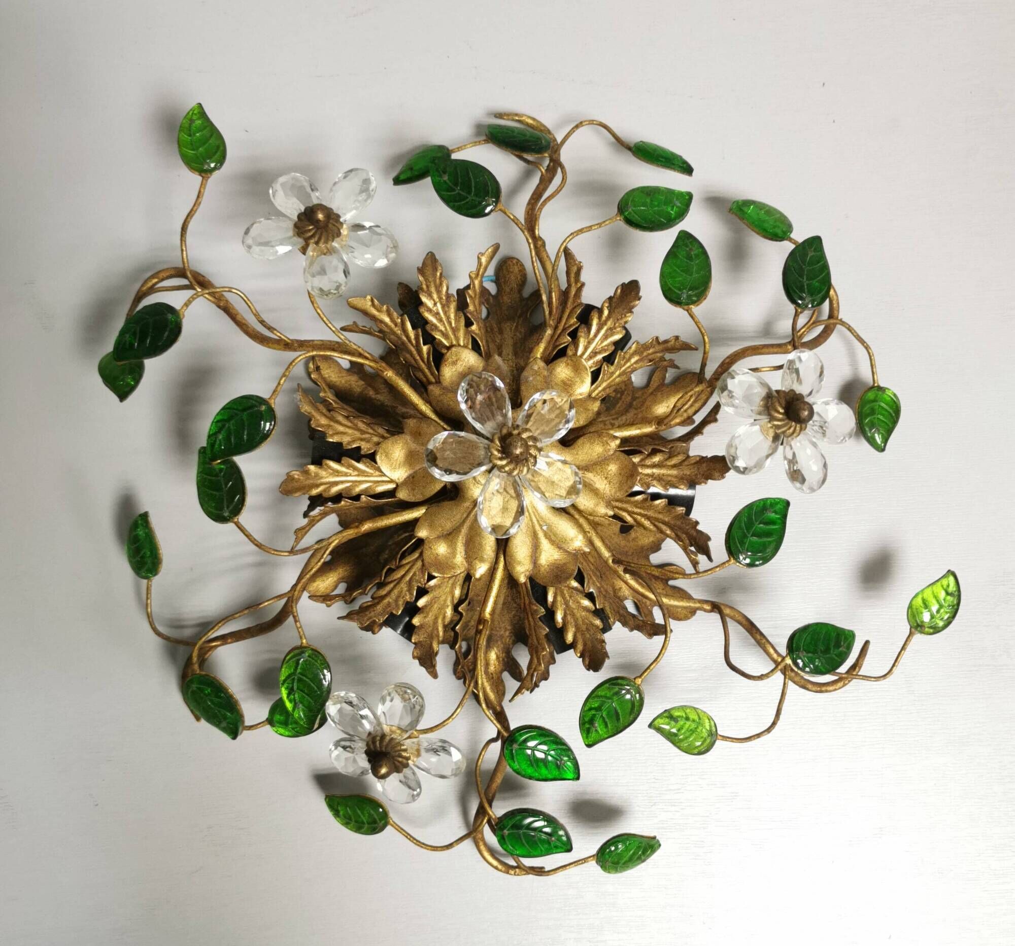 Vintage 70's ceiling light / wall lamp, gold metal leaves and glass flowers