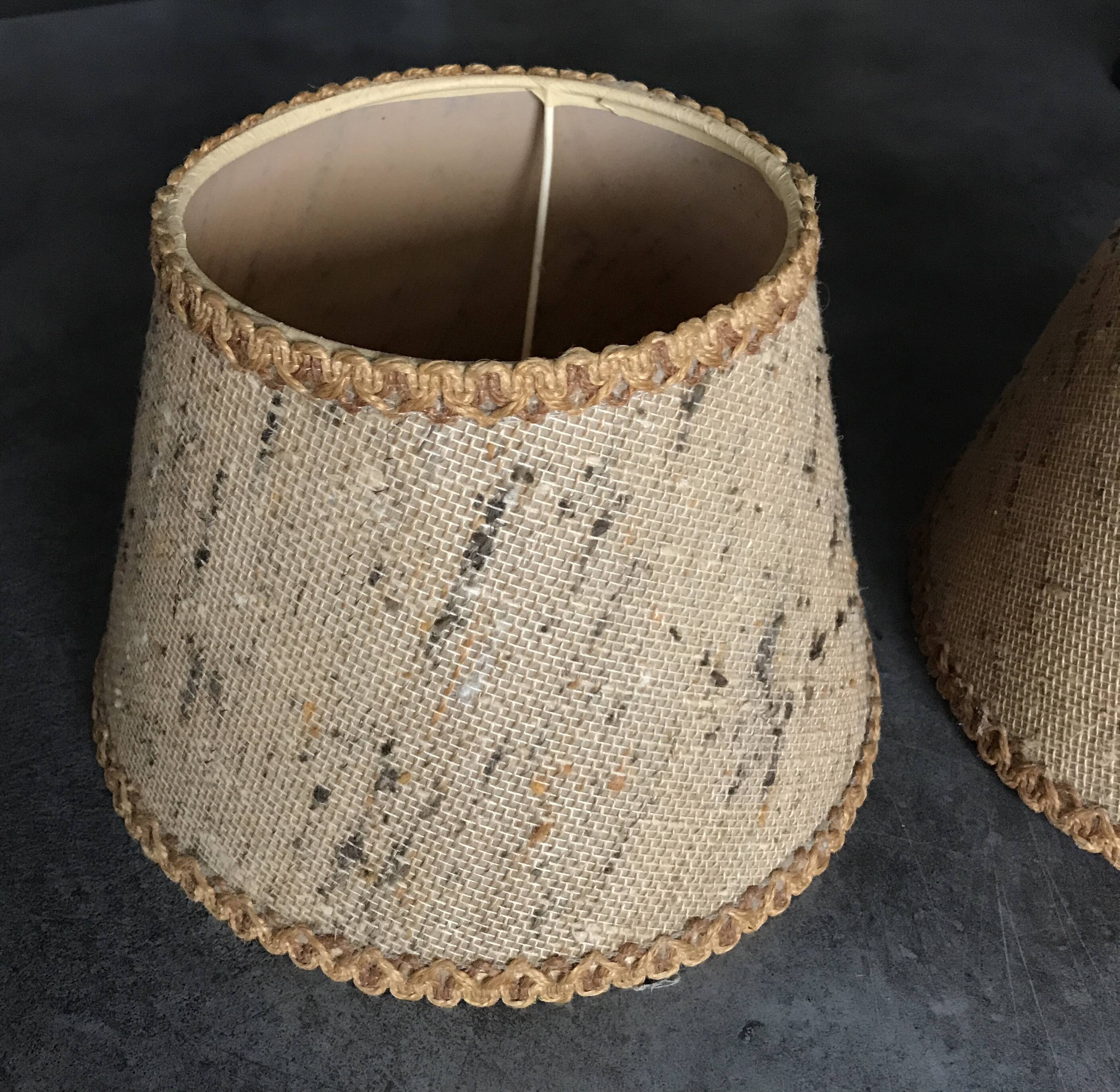 Pair of vintage burlap and braid lampshades
