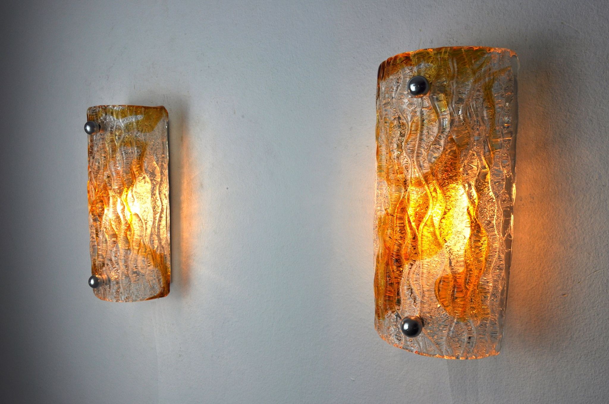 Pair of Murano Mazzega wall lamps, orange frosted glass, Italy, 1960