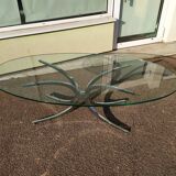 Large oval coffee table in glass and chrome - Vintage 1970
