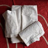 Antique hand embroidered linen 1 sheet 2 pillowcases 1 bolster cover