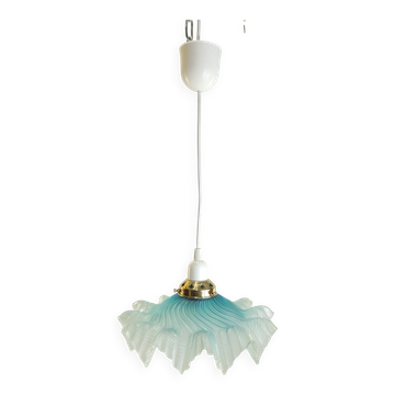 Suspension vintage verre ondulé bleu irisé – abat-jour fleur – lampe années