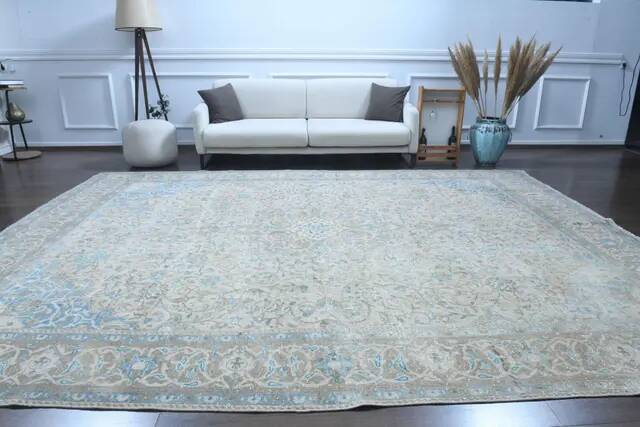 1970s Vintage Persian Handmade Wool Cotton Beige Area Rug 292x396