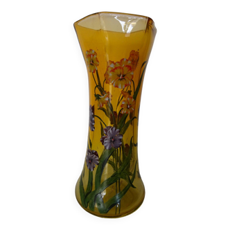 Glass vase with enameled decor signed Art Nouveau style