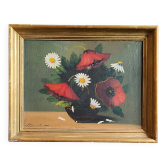 Peinture à l'huile française vintage représentant des fleurs, signée