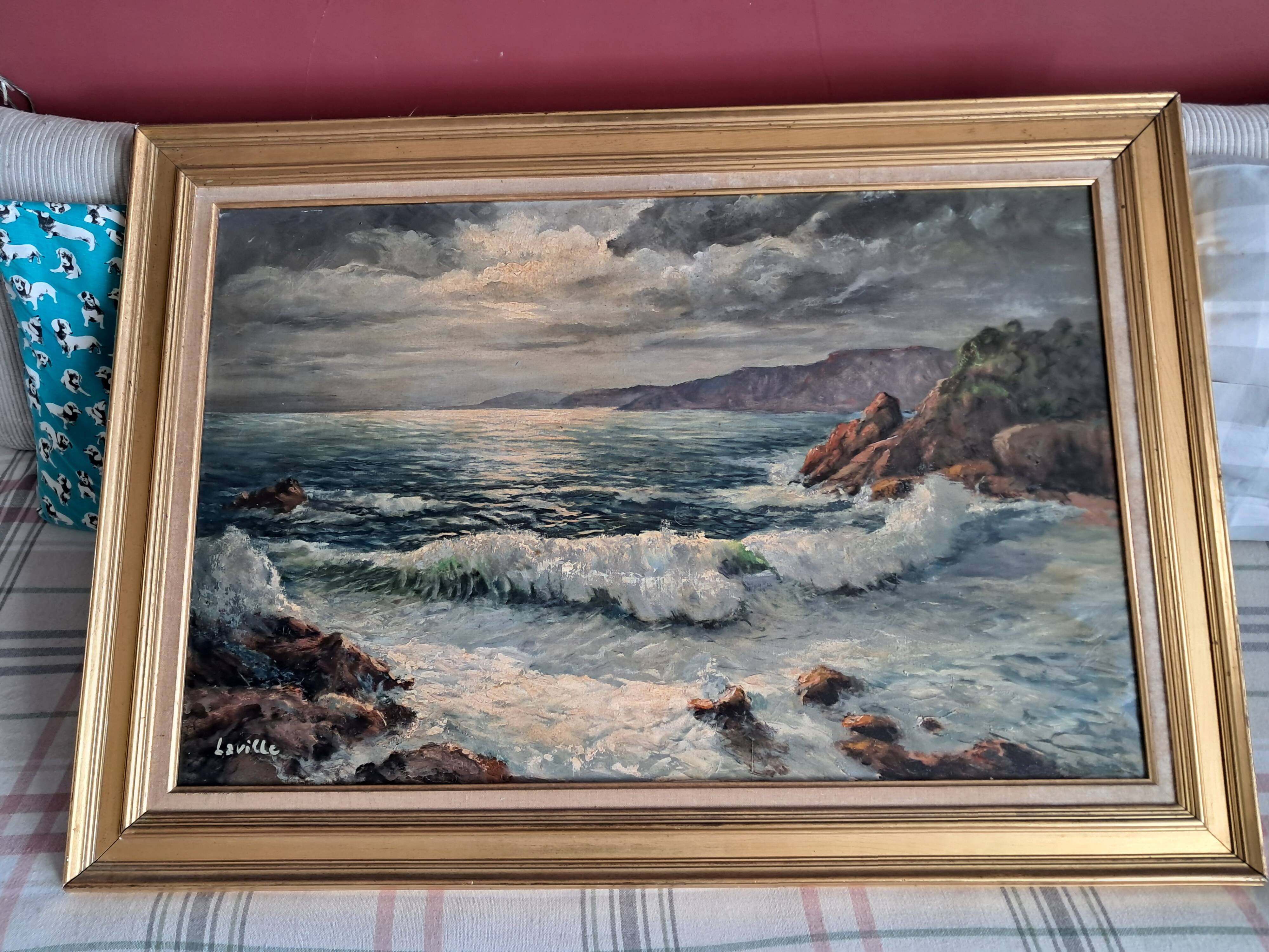 Old oil painting depicting a seascape.