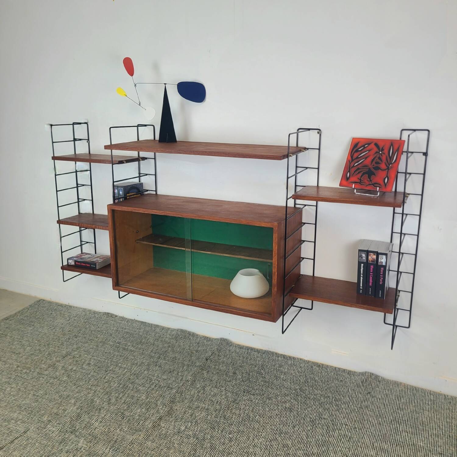Bibliothèque murale suspendue étagères scandinave vintage teck 1960