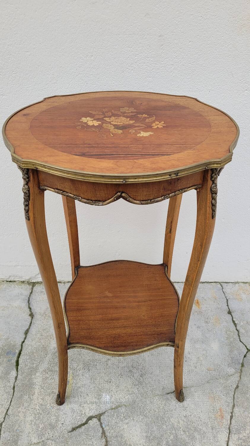 Selette pedestal side table Louis XV style with decorated marquetry and rosewood - 1900s